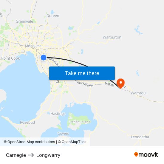 Carnegie to Longwarry map