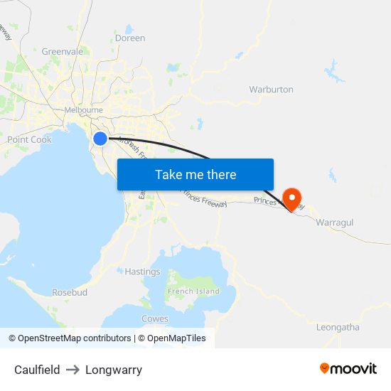 Caulfield to Longwarry map