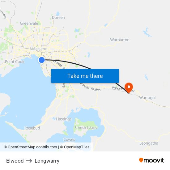 Elwood to Longwarry map