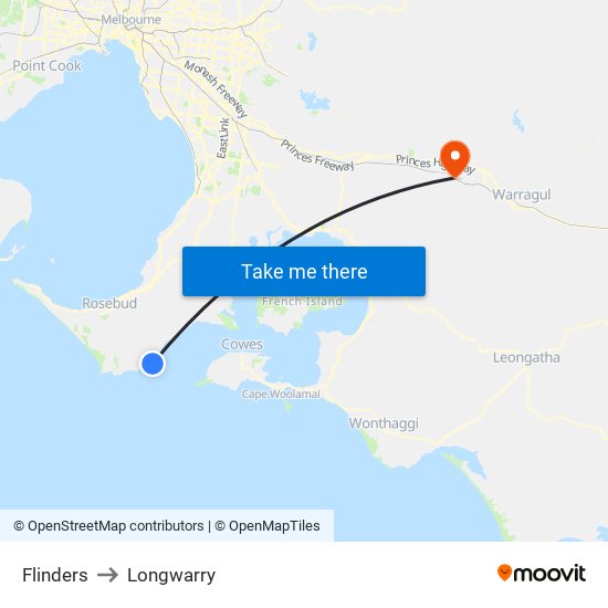 Flinders to Longwarry map