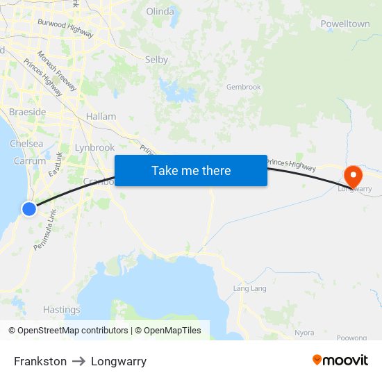 Frankston to Longwarry map