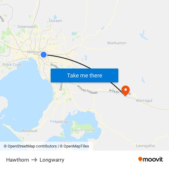 Hawthorn to Longwarry map