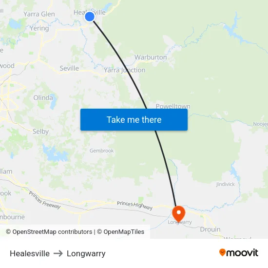 Healesville to Longwarry map