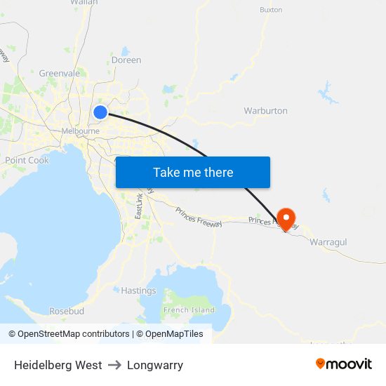 Heidelberg West to Longwarry map