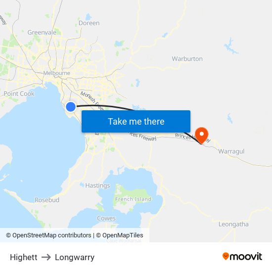 Highett to Longwarry map
