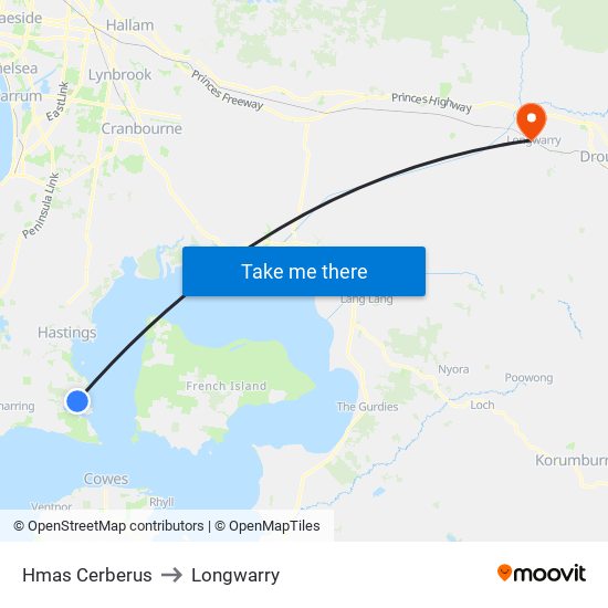 Hmas Cerberus to Longwarry map