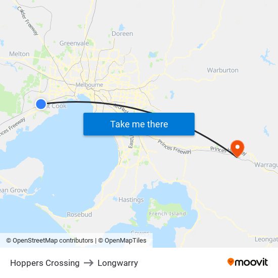 Hoppers Crossing to Longwarry map