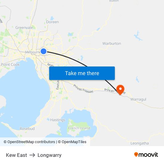 Kew East to Longwarry map