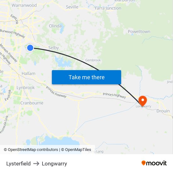 Lysterfield to Longwarry map