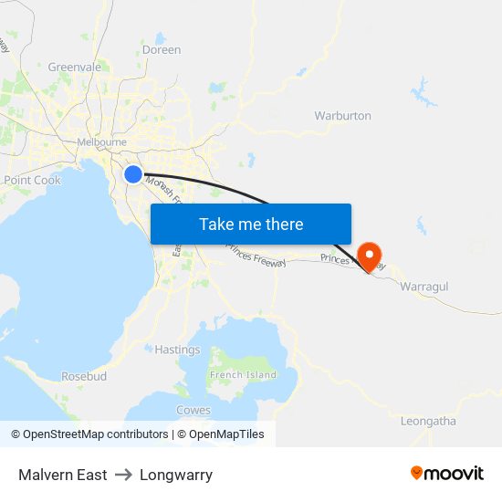 Malvern East to Longwarry map