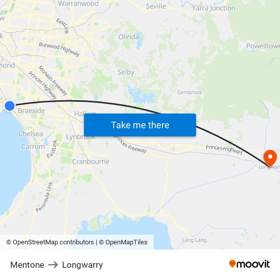 Mentone to Longwarry map