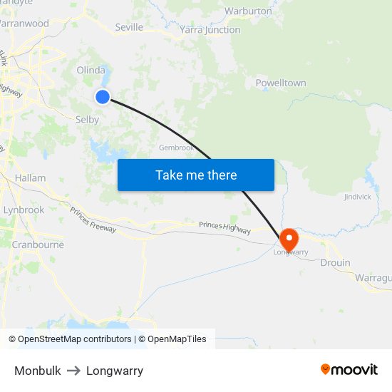 Monbulk to Longwarry map