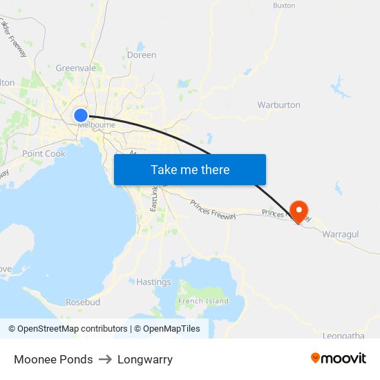 Moonee Ponds to Longwarry map