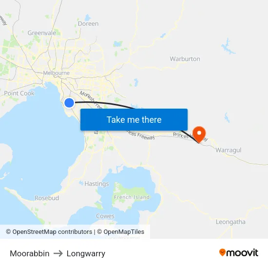 Moorabbin to Longwarry map