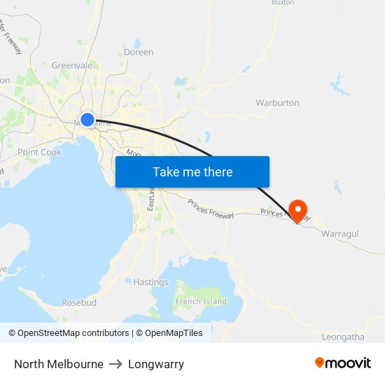 North Melbourne to Longwarry map