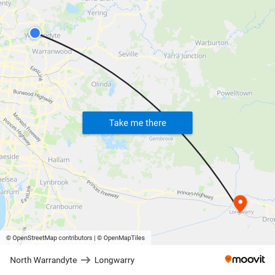 North Warrandyte to Longwarry map