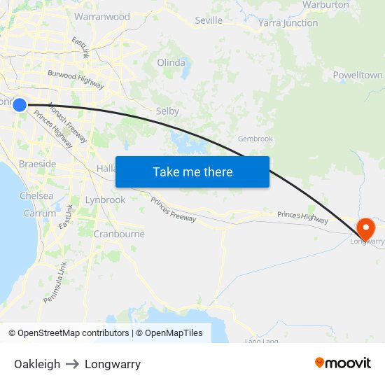 Oakleigh to Longwarry map