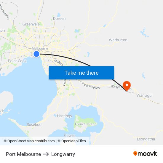 Port Melbourne to Longwarry map