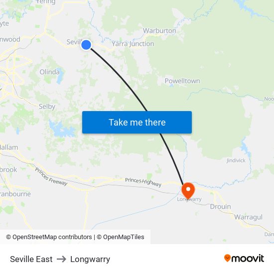 Seville East to Longwarry map