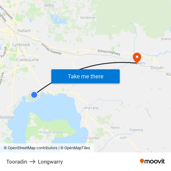 Tooradin to Longwarry map