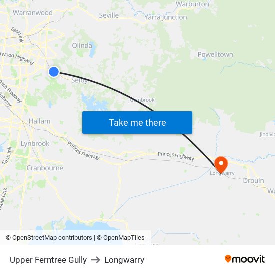 Upper Ferntree Gully to Longwarry map