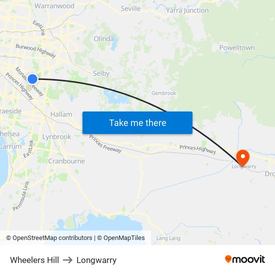 Wheelers Hill to Longwarry map