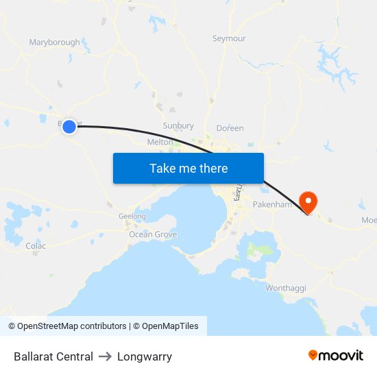 Ballarat Central to Longwarry map