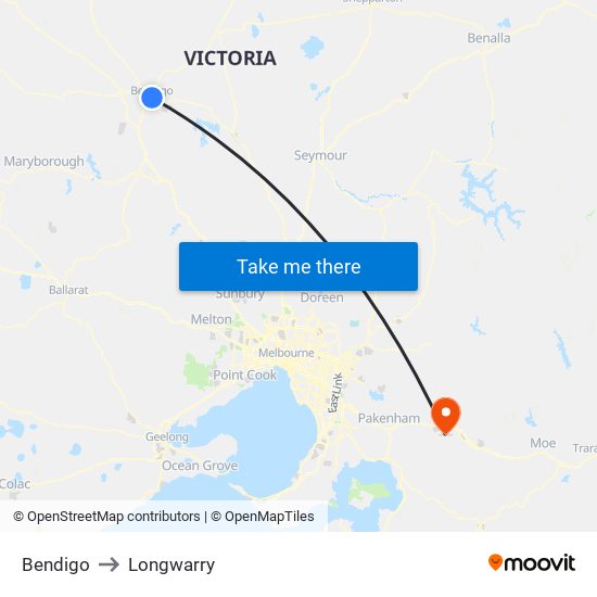 Bendigo to Longwarry map