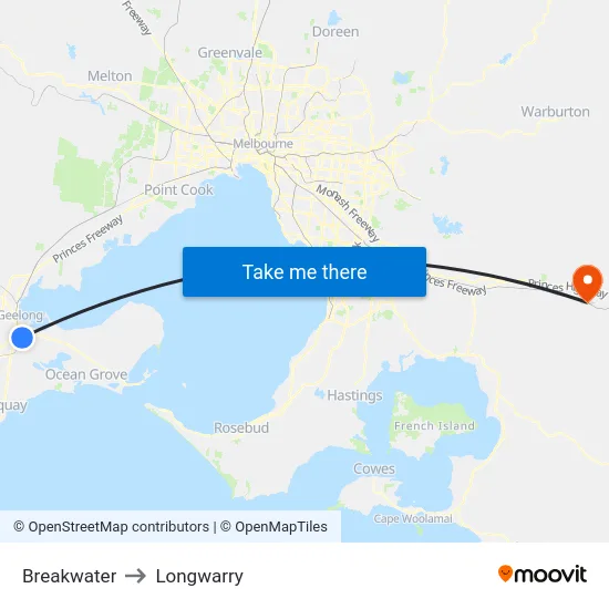 Breakwater to Longwarry map