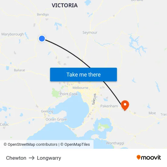 Chewton to Longwarry map