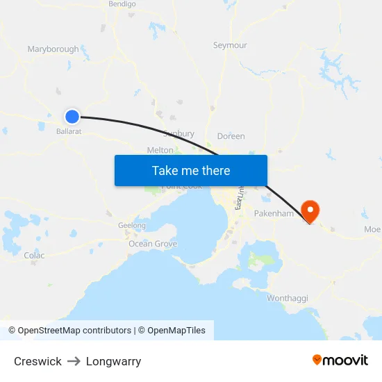 Creswick to Longwarry map