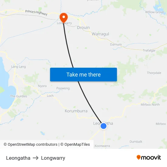 Leongatha to Longwarry map