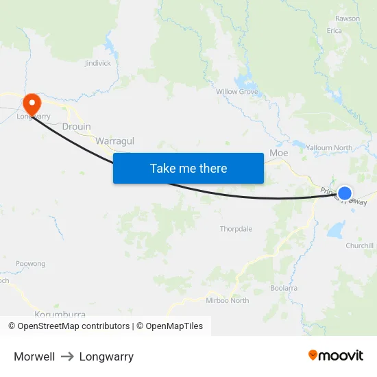 Morwell to Longwarry map
