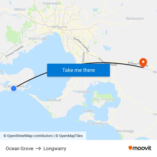 Ocean Grove to Longwarry map