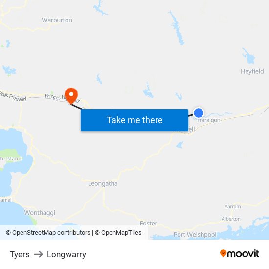 Tyers to Longwarry map
