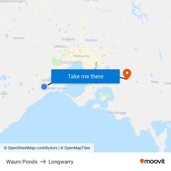 Waurn Ponds to Longwarry map