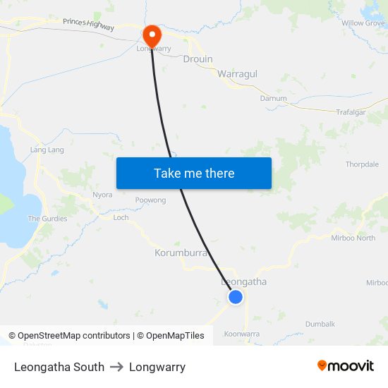 Leongatha South to Longwarry map