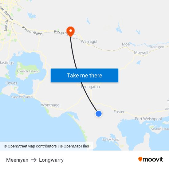 Meeniyan to Longwarry map