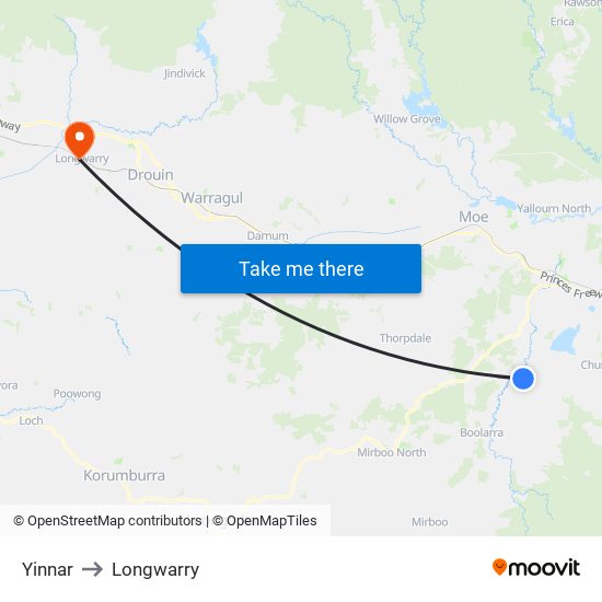 Yinnar to Longwarry map