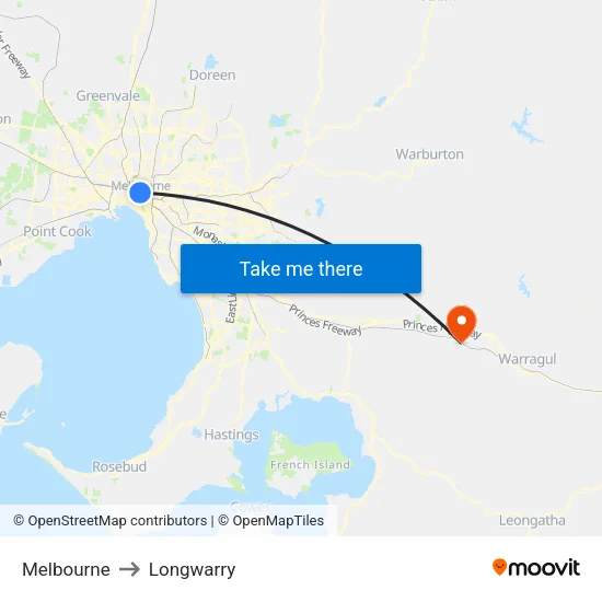 Melbourne to Longwarry map