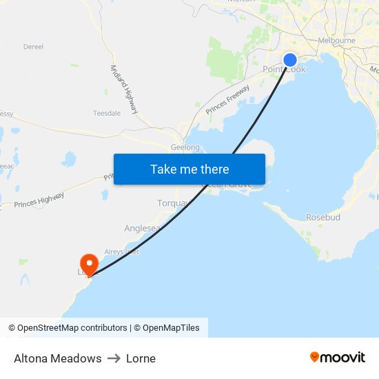 Altona Meadows to Lorne map