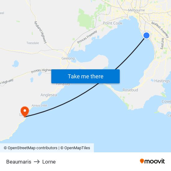 Beaumaris to Lorne map