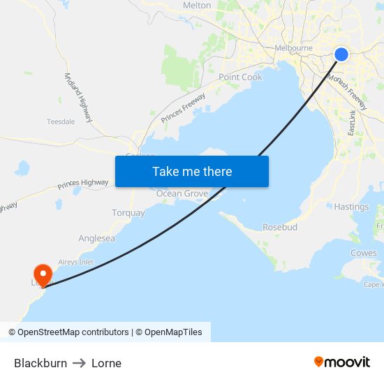 Blackburn to Lorne map