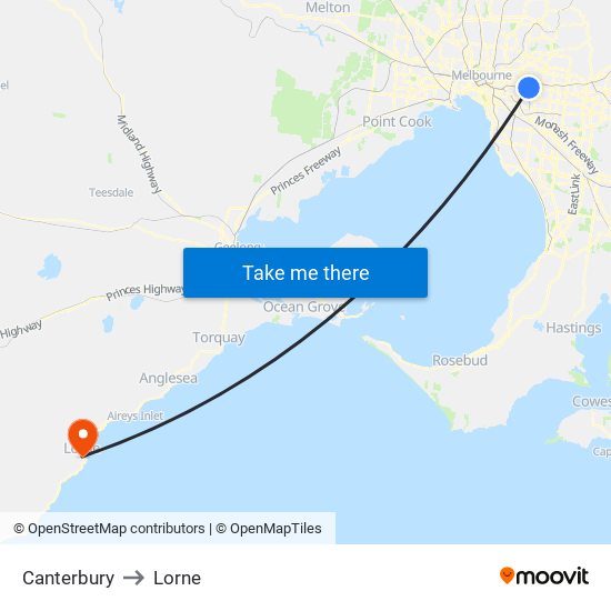 Canterbury to Lorne map