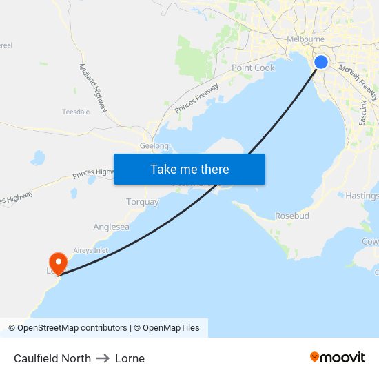 Caulfield North to Lorne map