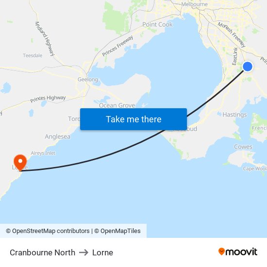 Cranbourne North to Lorne map