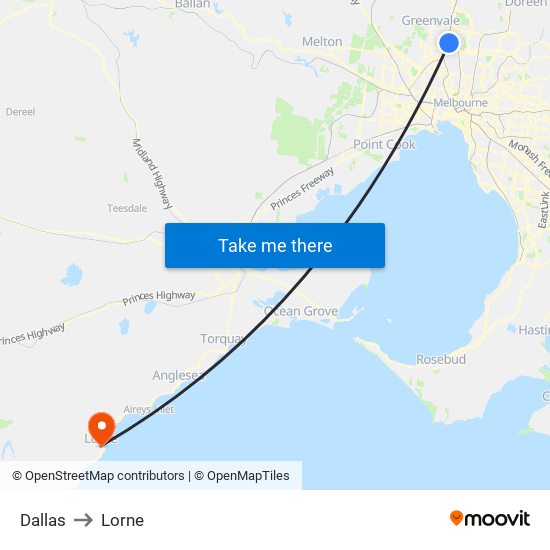 Dallas to Lorne map