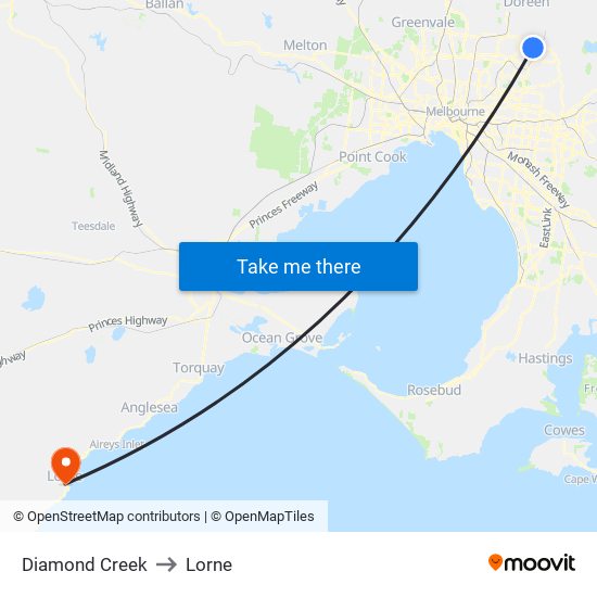 Diamond Creek to Lorne map