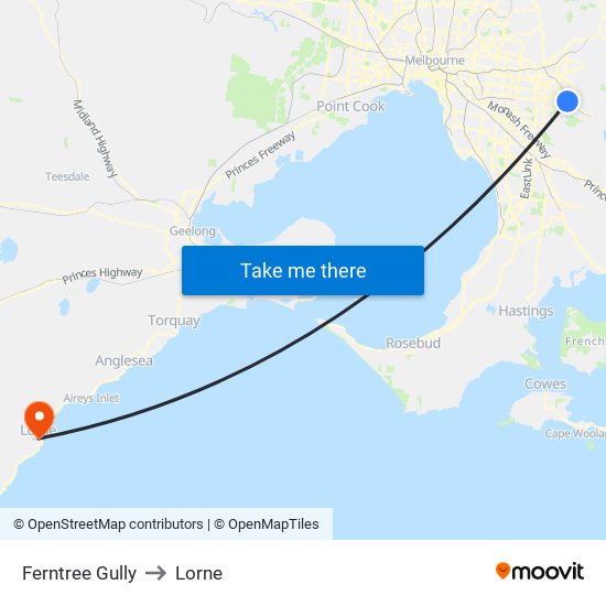 Ferntree Gully to Lorne map