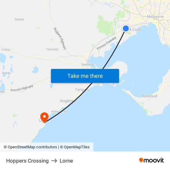 Hoppers Crossing to Lorne map